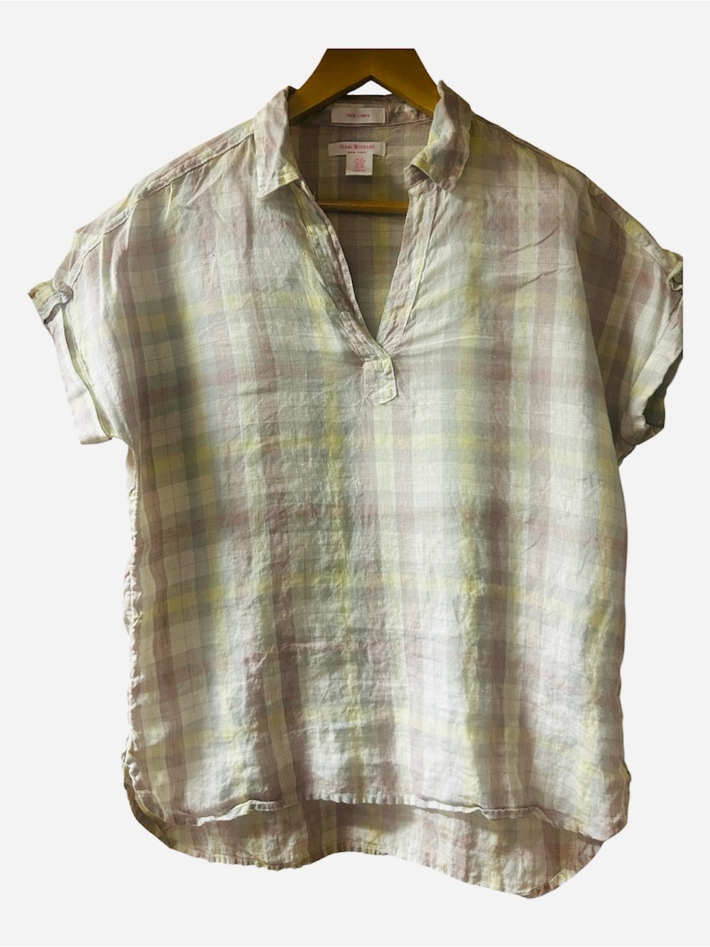 Isaac Mizrahi Pastel Plaid Short-Sleeve 100% Linen Shirt